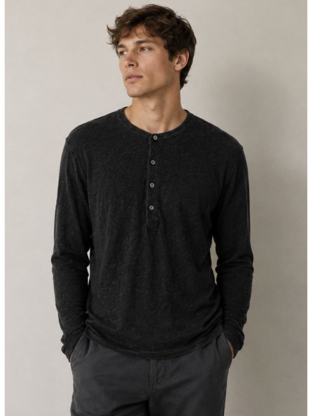 BILLY REID Cotton Cashmere Louis Henley Top Charcoal Gray Med Preppy Minimalist